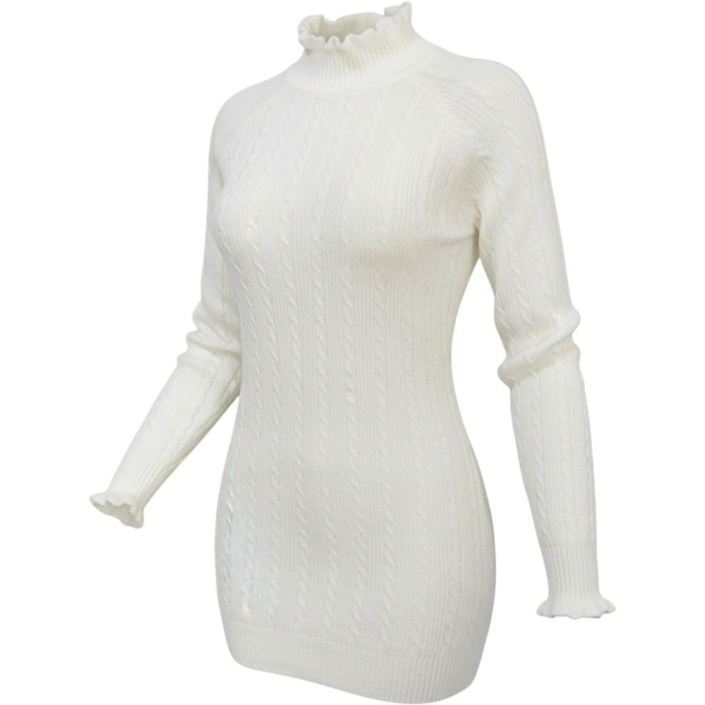 Storia Sweater Dress M/L White Ruffle Neck Cable Knit Long Sleeve Mini 1881